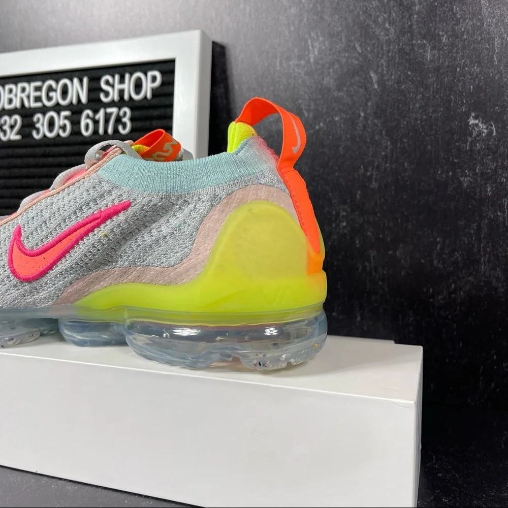 NIKE AIR VAPORMAX 2021 FLYKNIT NEON WOMENS RUNNING SHOES SIZE 5.5 GRAY NEW - Picture 10 of 10